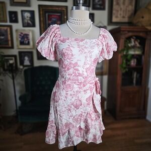 Trixxi Pink Floral Print Puff Sleeve Square Neck Wrap Mini Dress Women's